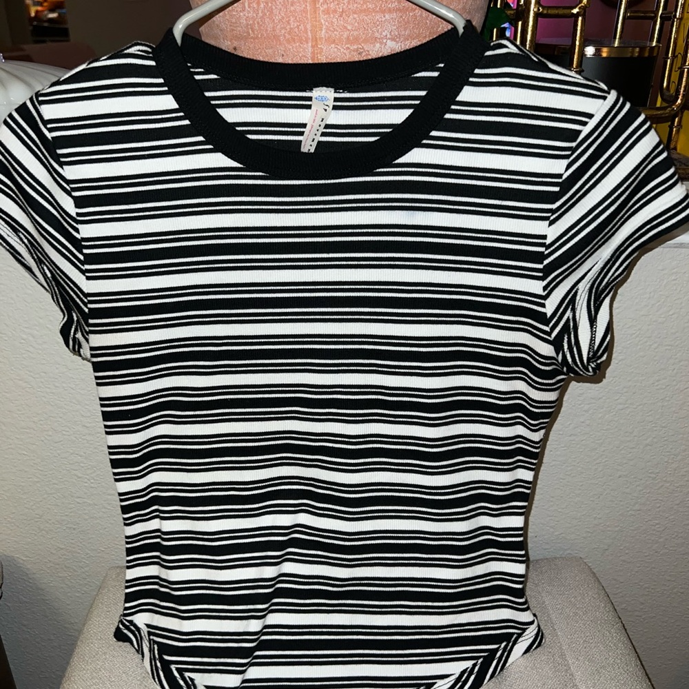 Free People Ribbed Baby Tee Striped Black and White